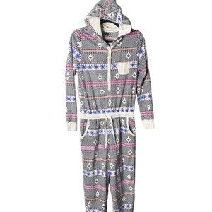 Kensie Fleece Hooded One Piece Pajamas Womens Sz S Snowflake